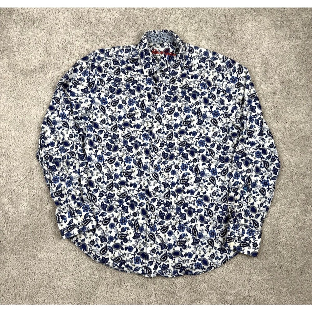 Robert Graham Mens L Blue Floral Paisley Button Up Shirt Classic Fit Long Sleeve